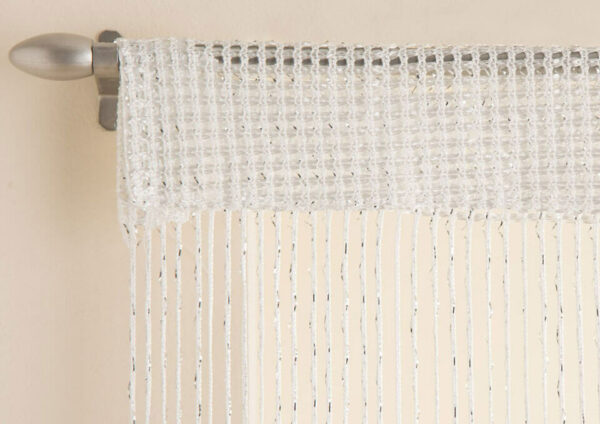 Glam metallic string curtains white header